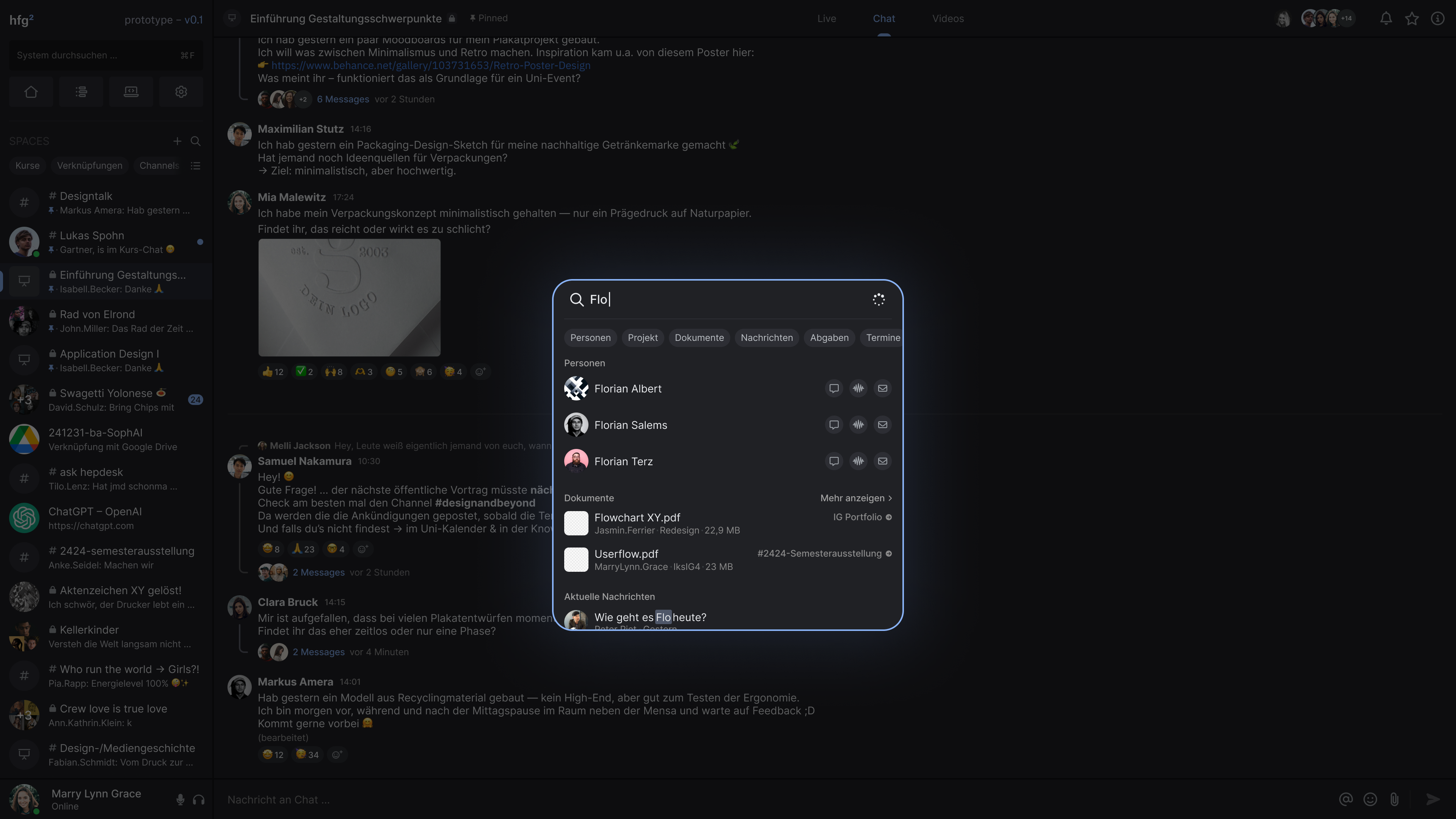 Screen von der Plattform hfg.design 2.0 mit Such-Overlay und Vorschlägen