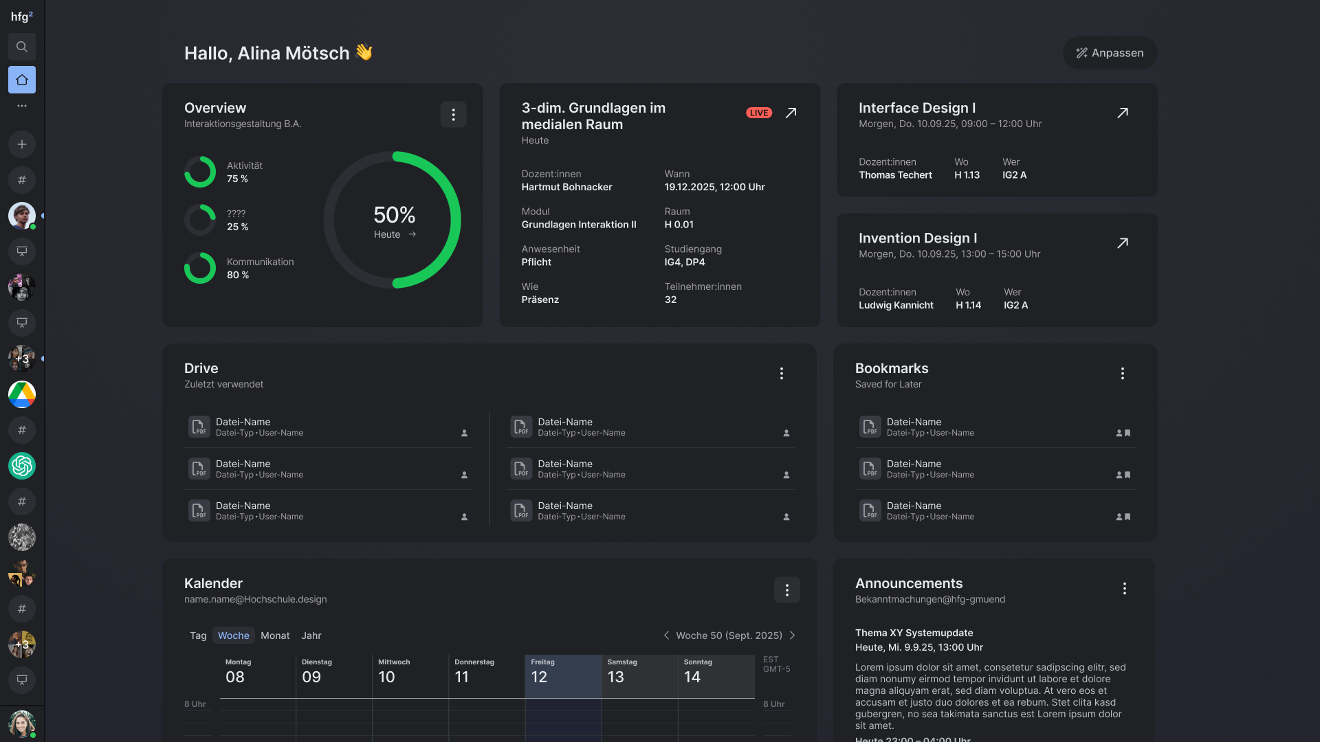 Screen von der Plattform hfg.design 2.0 mit Dashboard und eingeklappter Sidebar