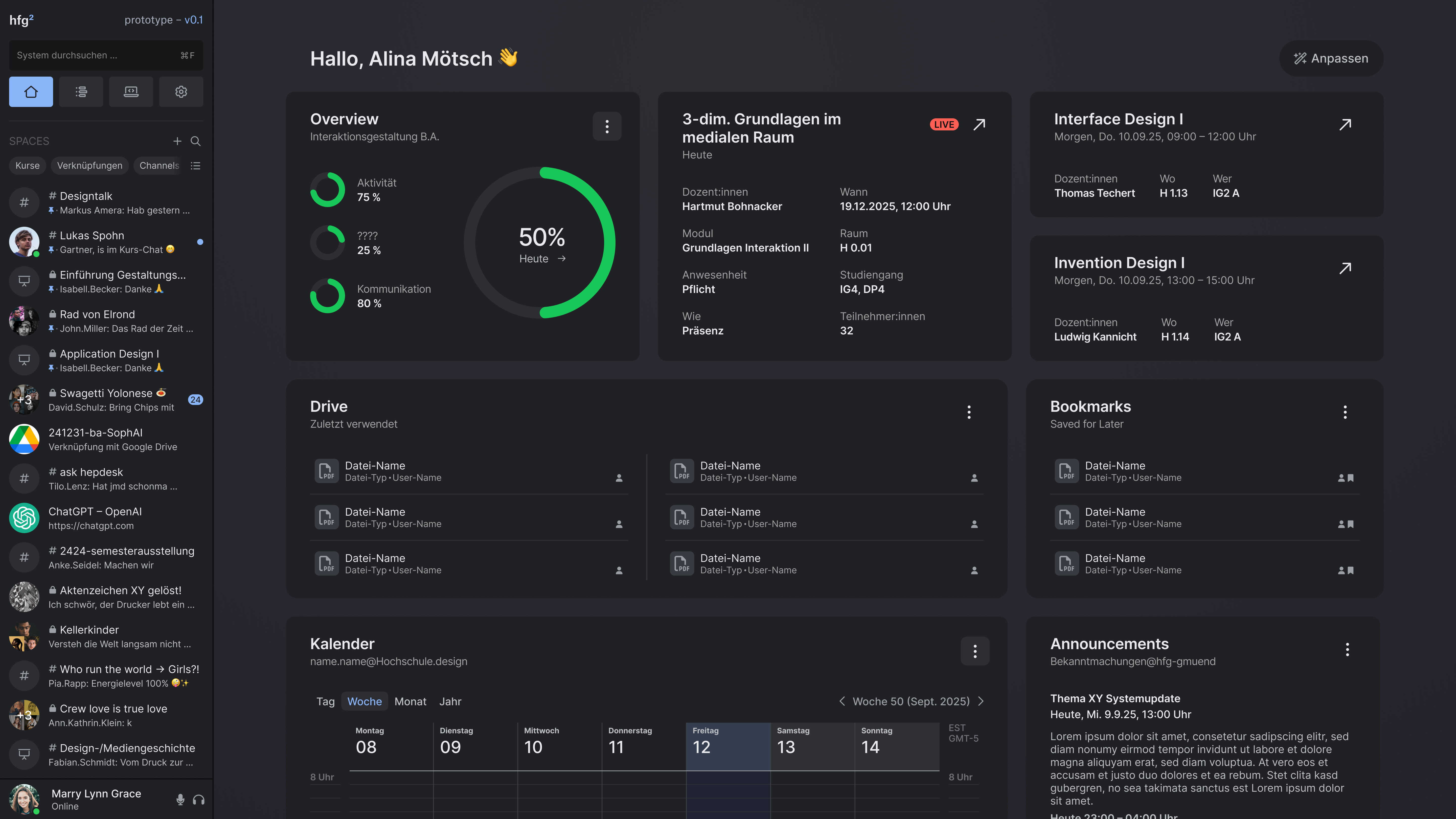 Screen von der Plattform hfg.design 2.0 mit ausgeklappter Sidebar und Dashboard